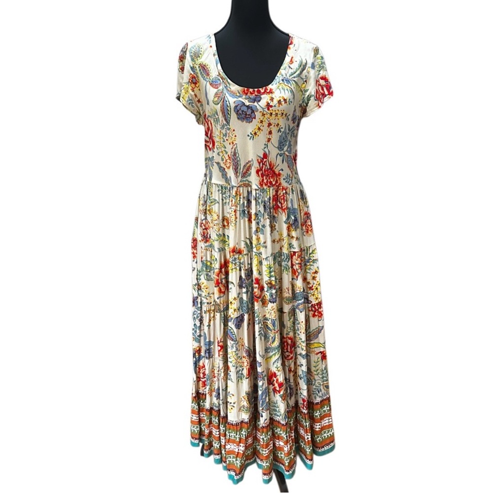 Soft Surroundings Kara Floral Tiered Maxi Dress Boho Beach Travel Casual Size 12